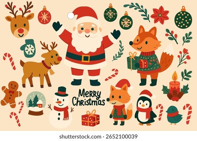 Festive vector illustration featuring Santa Claus, animals in Christmas sweaters, candy canes, snow globe, reindeer, snowman, and holiday decor in flat cartoon style on light background.