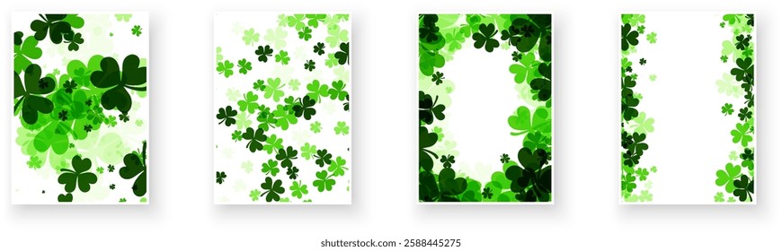 A festive vector illustration featuring scattered and framed shamrocks and clovers in vibrant green shades, perfect for St. Patrick’s Day.