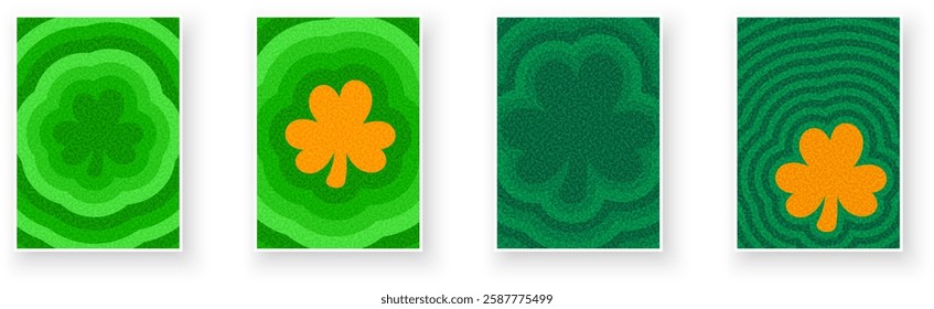 A festive vector illustration featuring shamrocks and clovers with bold green and orange ripple backgrounds, symbolizing luck and Irish heritage.