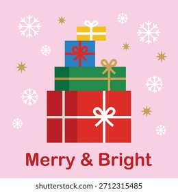 A festive vector illustration featuring stacked Christmas gifts with ribbons, surrounded by snowflakes and stars, with the cheerful greeting “Merry and Bright” on a soft pink background.