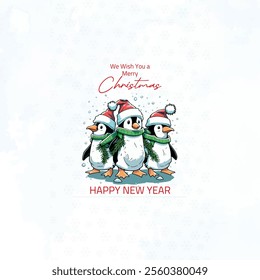 A festive vector illustration featuring three adorable penguins wearing Santa hats and scarves adorned with pine branches. The background includes subtle snowflakes, enhancing the holiday spirit.