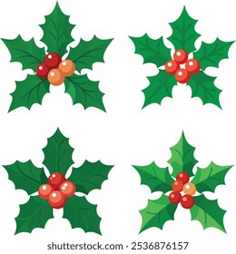 A festive vector illustration featuring vibrant green holly leaves with bright red berries, perfect for Christmas designs. This ornament captures holiday spirit, ideal for cards, banners.