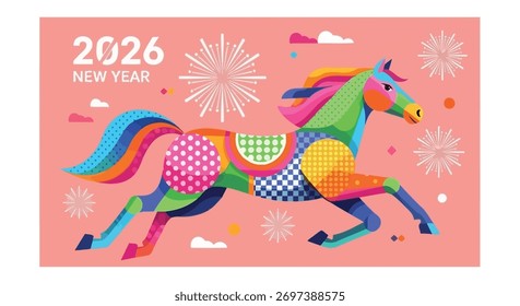 Festive vector illustration featuring a vibrant horse design, perfect for celebrating the Chinese New Year in 2026. Includes fireworks and a pink background.