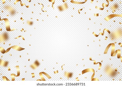 Festive vector illustration of flying exploding shiny gold foil confetti and tinsels on a transparent background. Suitable for holiday poster, Christmas greeting card, wedding or birthday invitation