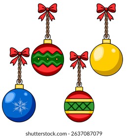 Festive vector illustration of four unique Christmas baubles with red bows and rope, featuring distinct patterns: zig-zag, solid, snowflake, and geometric.