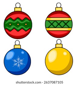 Festive vector illustration of four unique Christmas baubles with distinct patterns: zigzag, diamond, snowflake, and solid color, perfect for holiday designs.