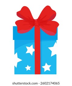 Festive vector illustration of a gift box with red ribbon and stars pattern. Isolated Christmas present for holiday celebration.