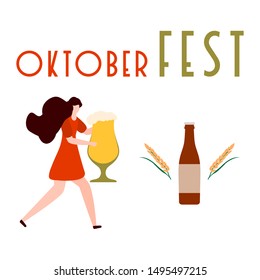 Festive vector illustration with girl, beer, beer glass, bottle, wheat. Beer party concept. Munich Beer Festival Oktoberfest. Design for web page, presentation, print.