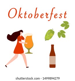 Festive vector illustration with girl, beer, beer glass, bottle, hop cone, leaves. Beer party concept. Munich Beer Festival Oktoberfest. Design for web page, presentation, print.