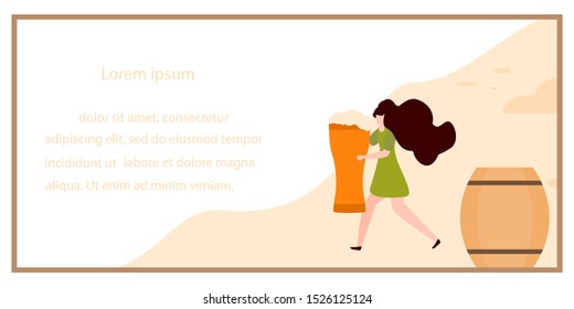 Festive vector illustration with girl, beer, beer glass, barrel. Beer party concept. Munich Beer Festival Oktoberfest. Design for web page, presentation, print.
