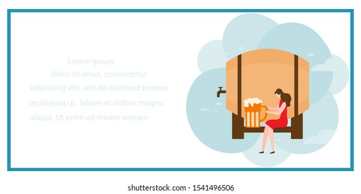 Festive vector illustration with girl, beer, beer mug. Beer party concept. Munich Beer Festival Oktoberfest. Design for web page, presentation, print.