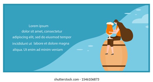 Festive vector illustration with girl, beer, beer glass, barrel. Beer party concept. Munich Beer Festival Oktoberfest. Design for web page, presentation, print.
