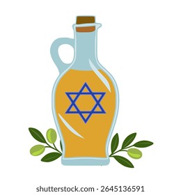 Festive vector illustration of a glass bottle of olive oil with a Star of David, adorned with olive branches, perfect for Hanukkah celebrations or Jewish-themed designs.