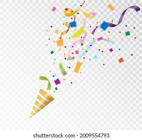 Festive vector illustration with golden falling confetti with blur isolated on transparent background.Vector illustration.