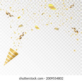 Festive vector illustration with golden falling confetti with blur isolated on transparent background.Vector illustration.
