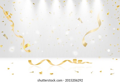 Festive vector illustration with golden falling confetti with blur isolated on transparent background.Vector illustration.	