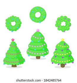 Festive vector illustration of green Christmas tree and wreath in decorations.
Designed for printing, postcards and textiles
