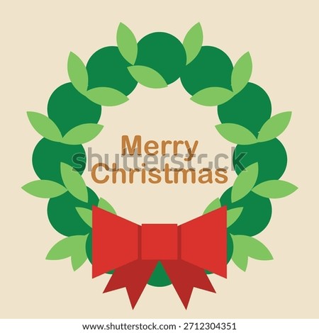 A festive vector illustration of a green Christmas wreath with bright leaves and a red bow, featuring the greeting “Merry Christmas” at the center.