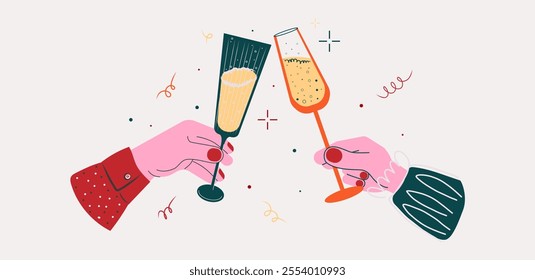 Festive Vector Illustration of Hands Clinking Champagne Glasses. Modern Minimalist Style with Bright Confetti and Party Elements. Perfect for New Year, Celebrations, and Holiday Themes