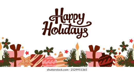 Festive  vector illustration with holiday elements including gifts, candles, ornaments and Happy Holidays text. Perfect for greeting cards, seasonal designs, and winter celebrations.