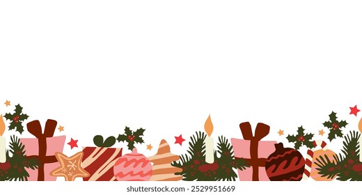 Festive vector illustration with holiday elements including gifts, candles, ornaments, balls. Perfect for greeting cards, seasonal designs, and winter celebrations.