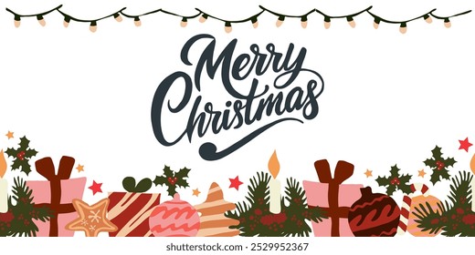 Festive  vector illustration with holiday elements including gifts, candles, ornaments, balls and Merry Christmas text. Perfect for greeting cards, seasonal designs, and winter celebrations.