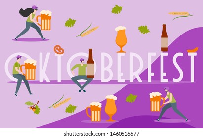 Festive vector illustration with inscription Oktoberfest, people, beer party elements. Munich Beer Festival Oktoberfest. Design for poster, party card, wrapping, fabric, print.