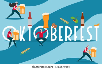 Festive vector illustration with inscription Oktoberfest, people, beer party elements. Munich Beer Festival Oktoberfest. Design for poster, party card, wrapping, fabric, print.