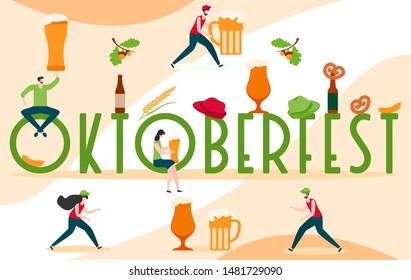 Festive vector illustration with inscription Oktoberfest, people, beer party elements. Munich Beer Festival Oktoberfest. Design for poster, party card, wrapping, fabric, print.