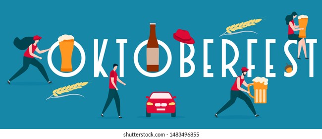 Festive vector illustration with inscription Oktoberfest, people, beer party elements. Munich Beer Festival Oktoberfest. Design for poster, party card, wrapping, fabric, print.