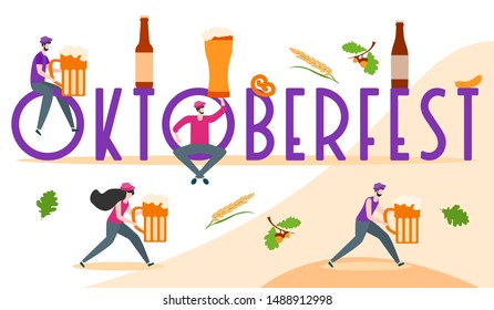 Festive vector illustration with inscription Oktoberfest, people, beer party elements. Munich Beer Festival Oktoberfest. Design for poster, party card, wrapping, fabric, print.
