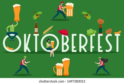 Festive vector illustration with inscription Oktoberfest, people, beer party elements. Munich Beer Festival Oktoberfest. Design for poster, party card, wrapping, fabric, print.