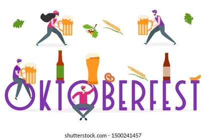 Festive vector illustration with inscription Oktoberfest, people, beer party elements. Munich Beer Festival Oktoberfest. Design for poster, party card, wrapping, fabric, print.