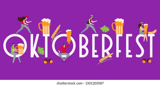 Festive vector illustration with inscription Oktoberfest, people, beer party elements. Munich Beer Festival Oktoberfest. Design for poster, party card, wrapping, fabric, print.