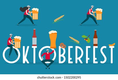 Festive vector illustration with inscription Oktoberfest, people, beer party elements. Munich Beer Festival Oktoberfest. Design for poster, party card, wrapping, fabric, print.