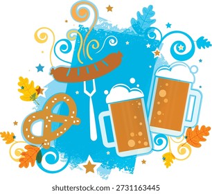 Eine festliche Vektorgrafik, inspiriert vom Oktoberfest und traditionellen Bierfesten, mit klassischen Elementen wie schaumigen Bierbechern, einer Grillwurst auf einer Gabel und einer gesalzenen Brezel. Akzentuiert mit Herbstlaub und dekorativen Verwirbelungen, fängt das Design den lebendigen, saisonalen Geist der Oktoberfest-Feiern in Deutschland ein.
