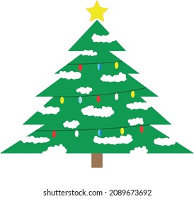 Festive vector illustration. Isolated X-mas tree with string lights and snow layers. Simple Christmas tree design vector for multipurpose use. 