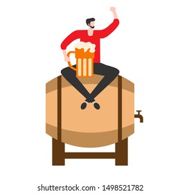 Festive vector illustration with man, beer, barrel, beer mug. Beer party concept. Munich Beer Festival Oktoberfest. Design for web page, presentation, print.