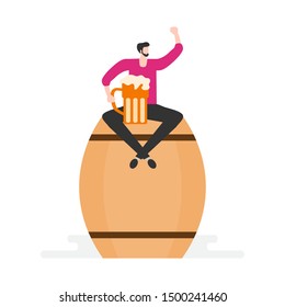 Festive vector illustration with man, beer, barrel, beer mug. Beer party concept. Munich Beer Festival Oktoberfest. Design for web page, presentation, print.