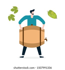 Festive vector illustration with man, beer, barrel, hop cone, leaves. Beer party concept. Munich Beer Festival Oktoberfest. Design for web page, presentation, print.