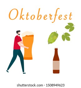 Festive vector illustration with man, beer, beer glass, bottle, hop cone, leaves. Beer party concept. Munich Beer Festival Oktoberfest. Design for web page, presentation, print.