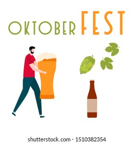 Festive vector illustration with man, beer, beer glass, bottle, hop cone, leaves. Beer party concept. Munich Beer Festival Oktoberfest. Design for web page, presentation, print.