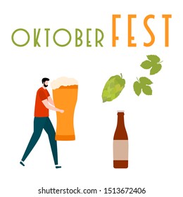 Festive vector illustration with man, beer, beer glass, bottle, hop cone, leaves. Beer party concept. Munich Beer Festival Oktoberfest. Design for web page, presentation, print.