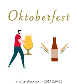 Festive vector illustration with man, beer, beer glass, bottle, wheat. Beer party concept. Munich Beer Festival Oktoberfest. Design for web page, presentation, print.
