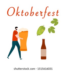 Festive vector illustration with man, beer, beer glass, bottle, hop cone, leaves. Beer party concept. Munich Beer Festival Oktoberfest. Design for web page, presentation, print.