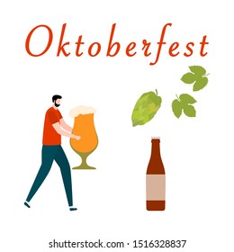 Festive vector illustration with man, beer, beer glass, bottle, hop cone, leaves. Beer party concept. Munich Beer Festival Oktoberfest. Design for web page, presentation, print.