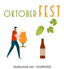 Festive vector illustration with man, beer, beer glass, bottle, hop cone, leaves. Beer party concept. Munich Beer Festival Oktoberfest. Design for web page, presentation, print.