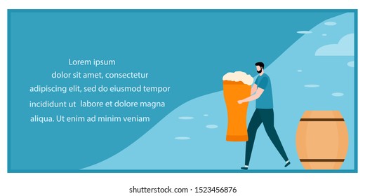 Festive vector illustration with man, beer glass, barrel. Beer party concept. Munich Beer Festival Oktoberfest. Design for web page, presentation, print.