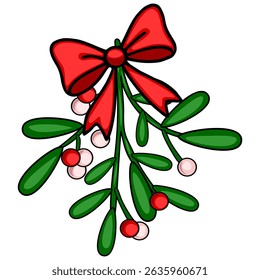 Festive vector illustration of a mistletoe sprig adorned with a vibrant red bow, featuring hand-drawn style with bold outlines and rich color palette, perfect for Christmas designs.