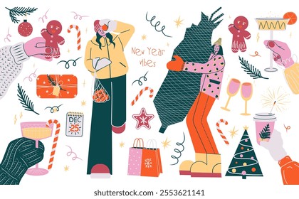 Festive Vector Illustration in Modern Doodle Style. Christmas and New Year Elements with People Decorating, Gift Wrapping, and Celebrating. Bright Colors, Playful Design for Holiday Themes